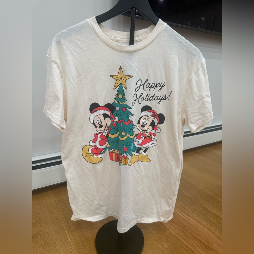 Disney Cream Holiday Tee with Red and Green Accents